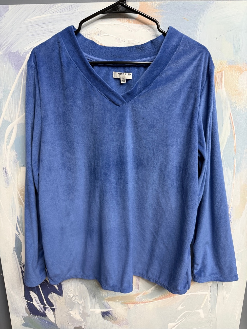 Anne Klein Cobalt Blue V Neck Long Sleeve Top Soft Velour Knit